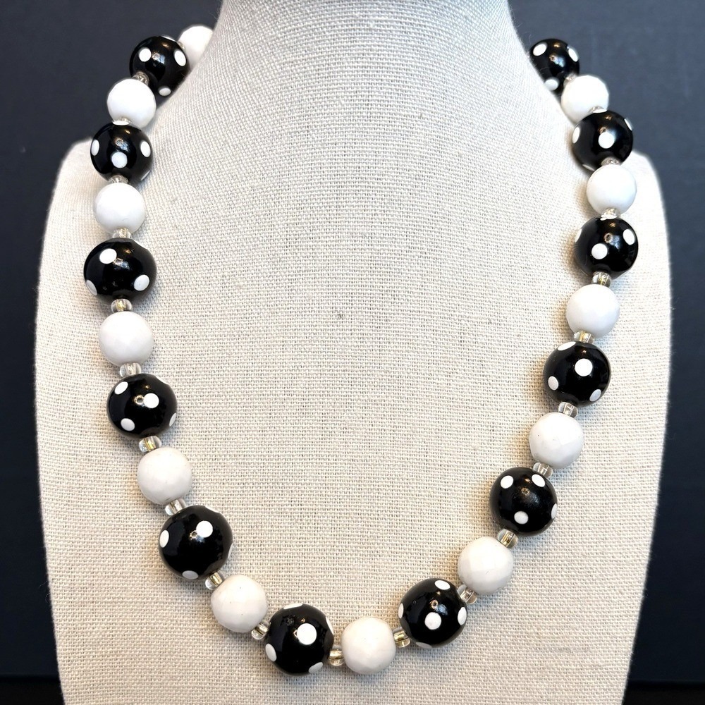Vintage Joan Rivers Black & White Polka Dot Beaded Strand Necklace Gold Tone 18"